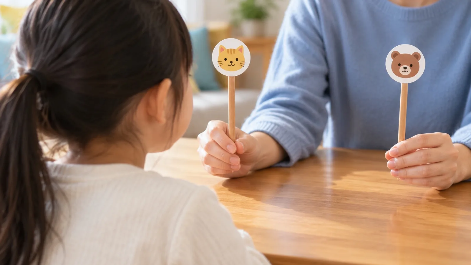 大人が左右に持った2本の棒の先の、ネコとクマのシールを見比べている子ども