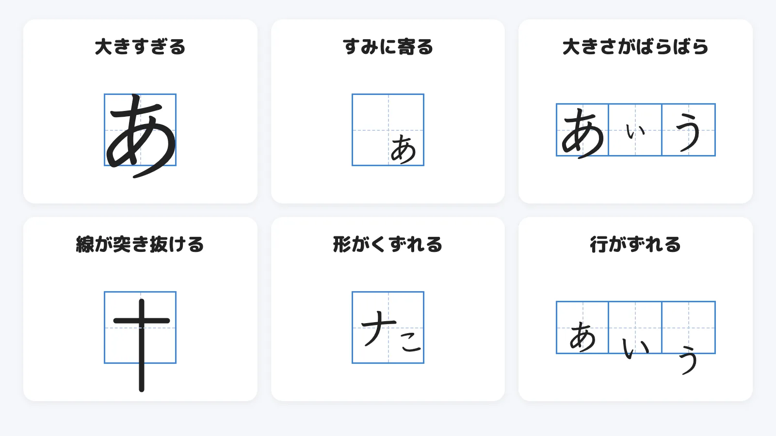 字がマスからはみ出すときの6つのパターン。大きすぎる、すみに寄る、大きさがばらばら、線が突き抜ける、形がくずれる、行がずれる