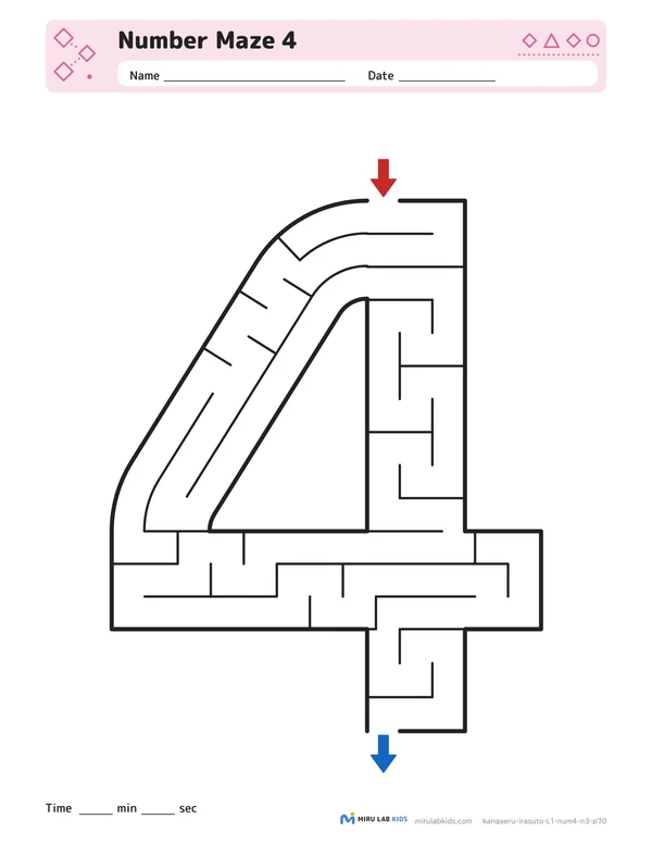 Number Mazes Level 1 Number 4 worksheet