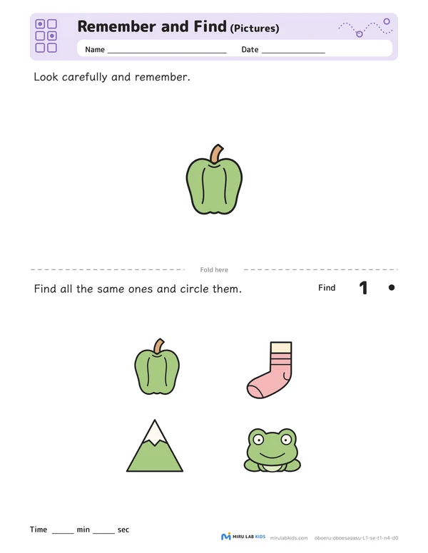 Remember and Find: Pictures Level 1 No. 3 worksheet