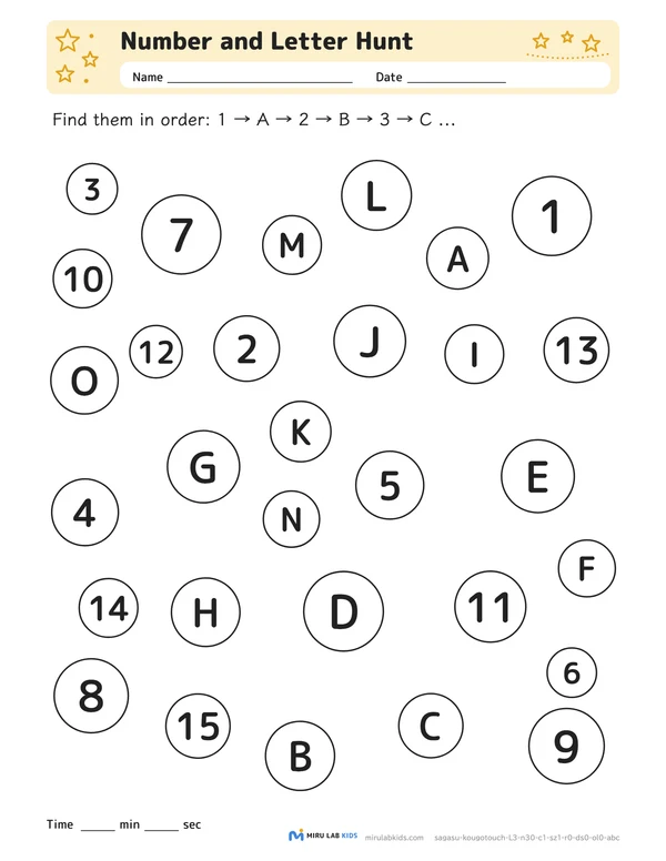 Number and Letter Hunt Level 3 worksheet example